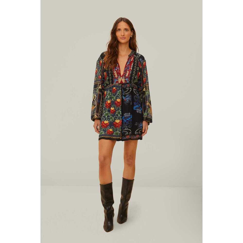Black Mixed Arabesque Scarves Long Sleeve Mini Dress